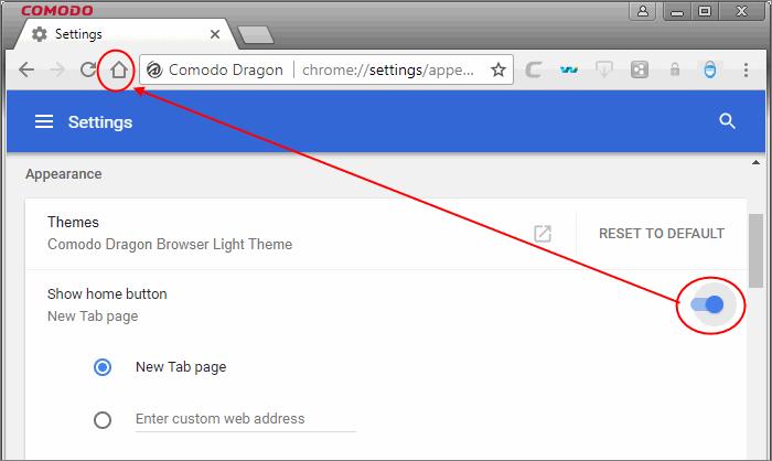 To set your homepage, select 'Enter a custom web address' then enter the address of the page you want. To add themes Click the menu located at the top-right corner.