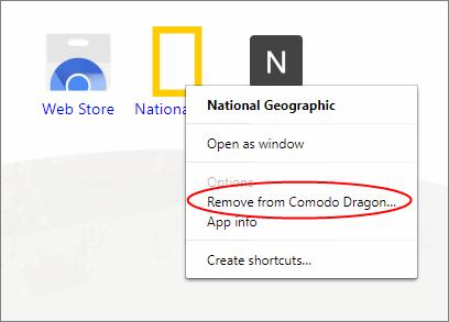 To remove an App Right-click on the App thumbnail that you want to uninstall Click 'Remove from Comodo Dragon' from the context-sensitive