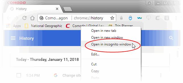 Other ways to open in incognito mode Right-click on any bookmark in the bookmark bar, bookmark manager or in the history page and select 'Open in incognito window' from the context sensitive menu. 7.