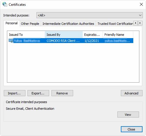 This allows you to view, import, export or remove personal certificates and other peoples