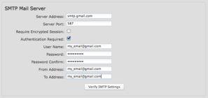 Each SMTP server will have different specifications for setup, so you have to look those up separately. The following is an example using Gmail: Server Address: smtp.gmail.