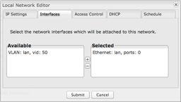 Interfaces: Select network interfaces to attach to this network. Choose from the Ethernet port and VLAN interfaces.