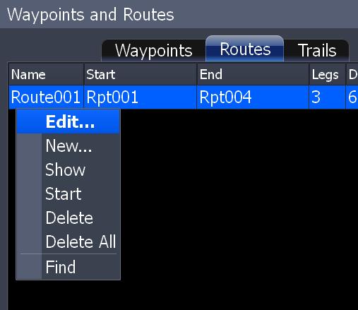 Chart Routes screen To view stored routes go to the Routes screen in the Utilities page. From the Routes screen you can view and edit stored routes. Route name End of route name.