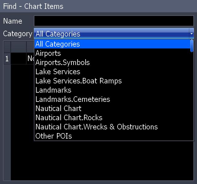 Chart To view a list of specific Chart POI search options select Category from the Find - Chart Items screen. A drop down list will appear.