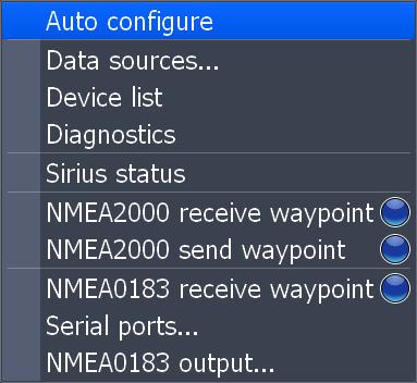 Settings Network Controls network configuration, data sources, serial port settings, waypoint sharing and allows you to monitor network performance (NMEA 2000 and ethernet) and network devices.