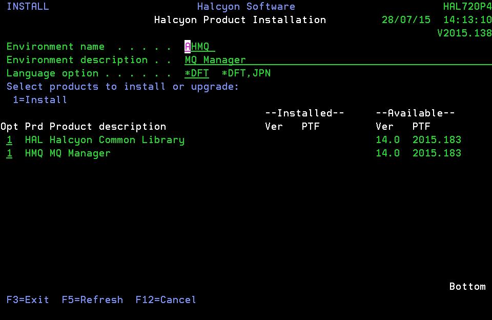 If Halcyon products or suites have been previously installed on this IBM i then the environment displayed is the last one to which an installation was undertaken, with both the Environment Name and