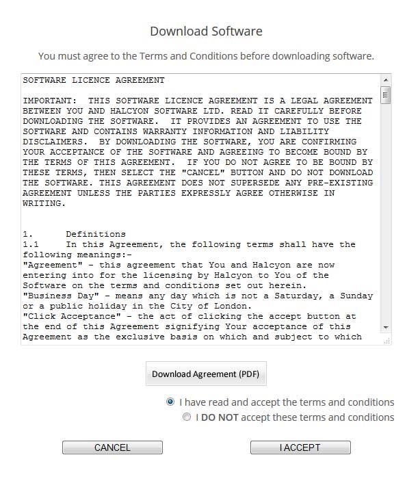 Downloading the software 3. You are now prompted to read the Terms and Conditions of the Software Licence Agreement. Click Download Agreement (PDF) to save a copy of the agreement to offline storage.