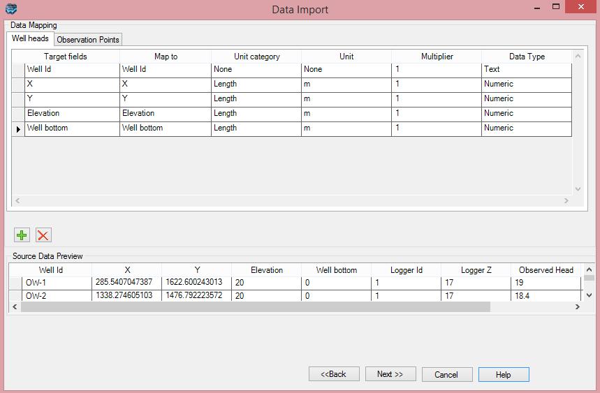 31 Visual MODFLOW Flex 5.0 [Next>>] [Next>>] to accept the default Coordinate System In this screen, you need to map the fields from the spreadsheet to required fields in the Wells Import utility.