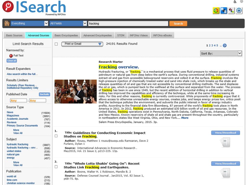Figure 2: This shows research results from the Advanced Sources tab of ISearch.