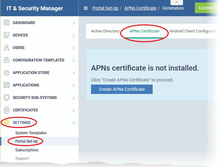 Click the 'Create APNs Certificate' button to open the APNs application form.