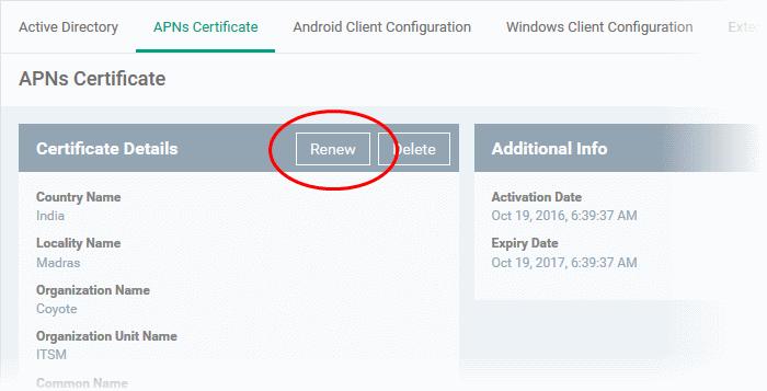 To renew your APN Certificate, click 'Renew' from the ios APNs Certificate details interface.