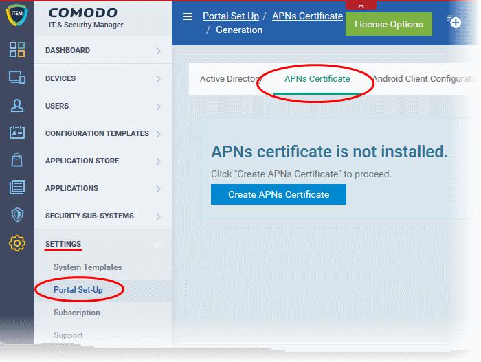 Click the 'Create APNs Certificate' button to open the APNs application form.