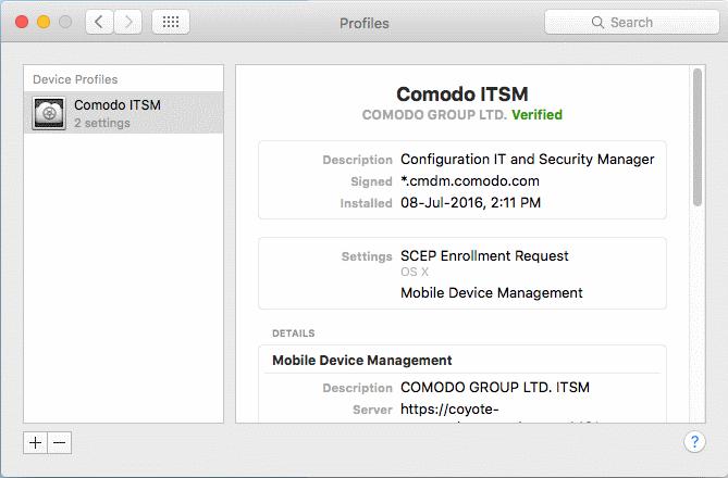 On completion of installation, the profile will be added to the Device Profiles list in the Mac OS X device.