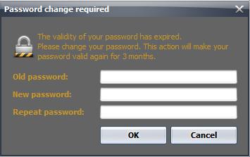 When you login for the first time, the system will ask you to change your password: Figure 2 Password Change Required Enter your Old password again, then type in a secure New password containing