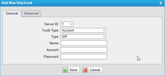 Figure 4-1 VoIP Trunk 1) Account It s an SIP or IAX account created in XT-800FXO Gateway so that the other devices can register SIP or IAX trunk at their side using these information.