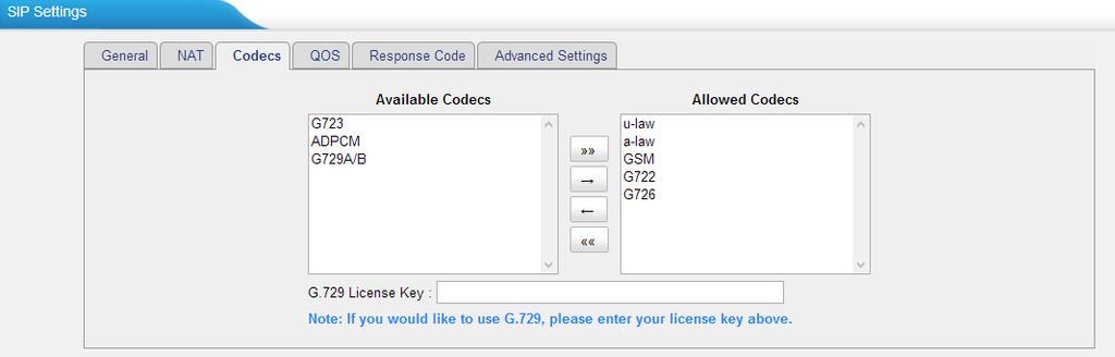 Figure 4-8 Codecs If you want to use codec G729, we recommend buying a license key and input it here.