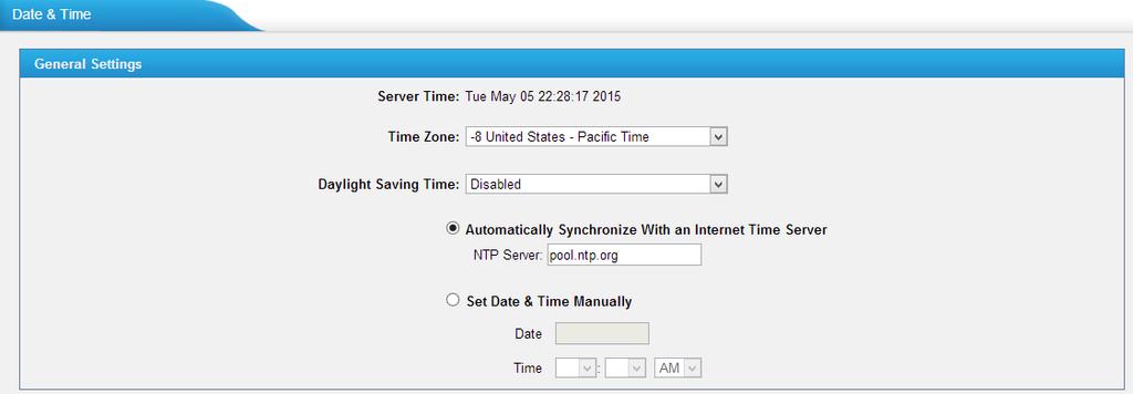 Figure 11-2 Date and Time Time Zone Select your current and correct time zone on XT-800FXO Gateway. Daylight Saving Time The option is disabled by default. Enable it when necessary.