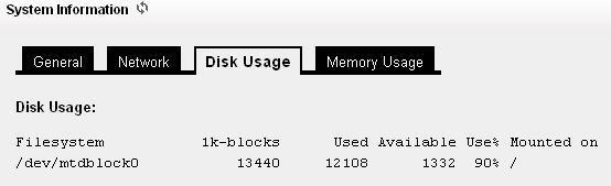 Figure 44: Disk Usage Figure 45: Memory Usage General Network Disk Usage Memory Usage You will have a summary of your general information, such as Firmware