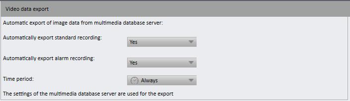 Video data export Automatic export of image data from the database server Recordings can automatically be exported to a path on the DeviceManager e.g. for long-time archiving of recordings. 1.