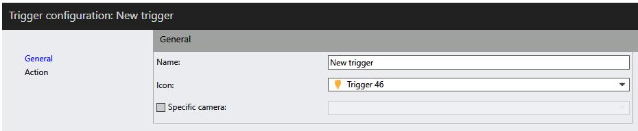 Configuring a trigger 1. Select the trigger in the overview triggers list. General 1. You can modify the trigger name if desired. This is the label it will display in all Ocularis clients. 2.