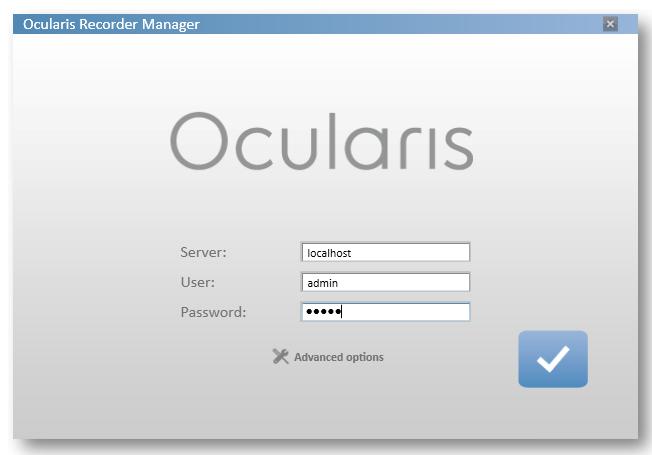 Login 1. Start the Ocularis Recorder Manager from the desktop icon. 2. Enter the IP address of the server with the Master Core installed.