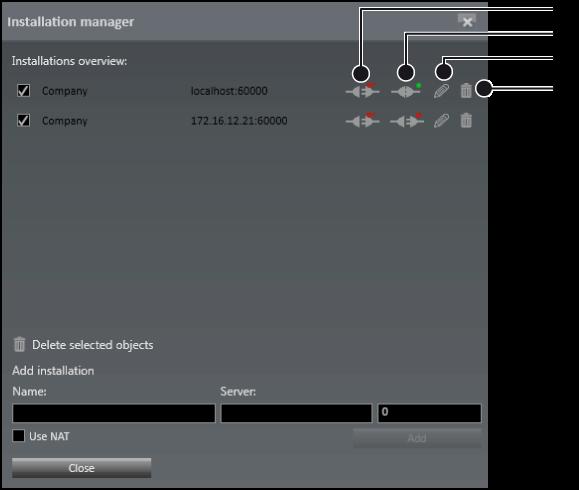 The user interface Installation Manager The Installation Manager manages and defines connections to multiple installations (CoreServers). The current connection status is displayed.