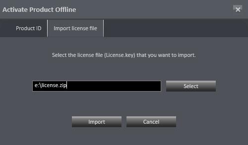 The user interface 1. In the Info menu, select Activate Product. 2. Select Offline. 3. Select the tab Import license file. 4. Click Select and navigate to the storage location of the license file. 5.