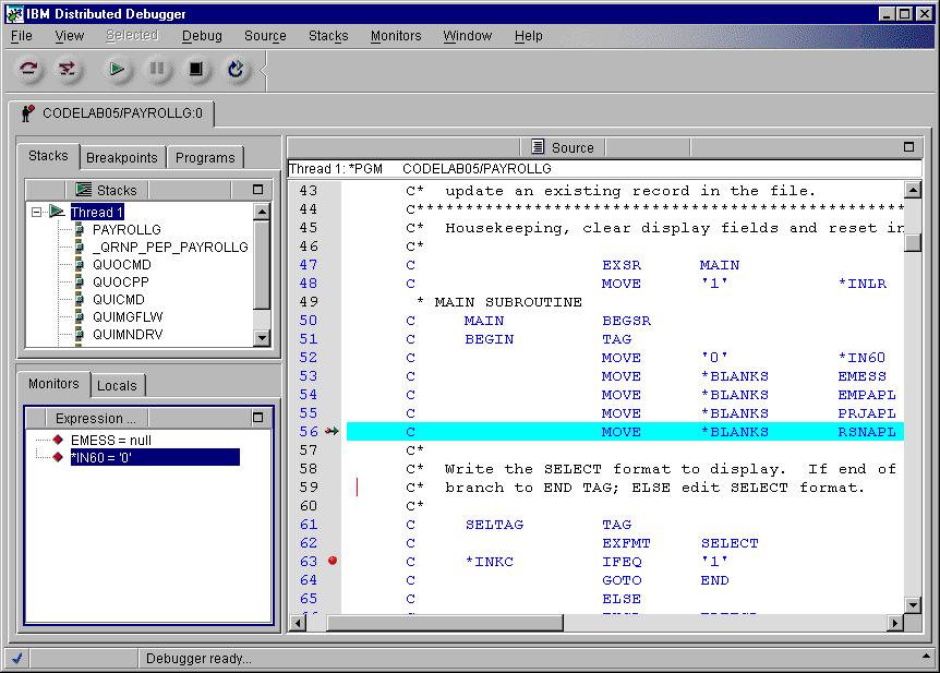 Debugger Interface Programs and procedures Source View Monitored Variables Active Breakpoint CODE Project Organizer Like PDM - manages lists of local files, host objects and members Pop-up menus