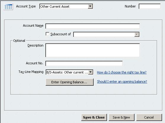 Then select Other Current Asset from the drop-down menu. c. Click Continue. The Add New Account screen appears. d. Type the account name TireMaster. e.