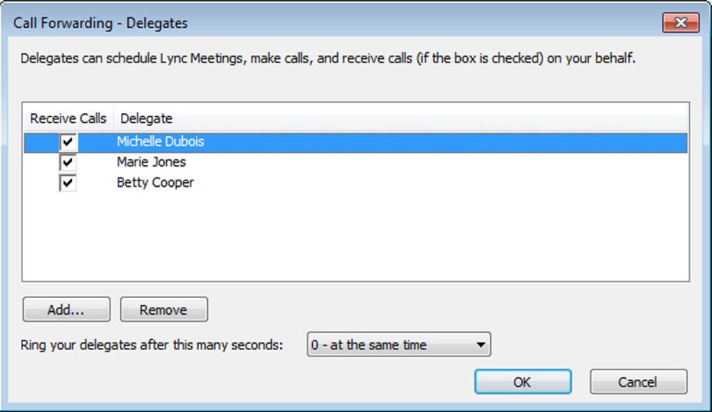 Shared Lines The contacts you add as delegates display in the Call Forwarding - Delegates dialog box, shown next. 5. Click OK when you have finished assigning contacts as delegates.