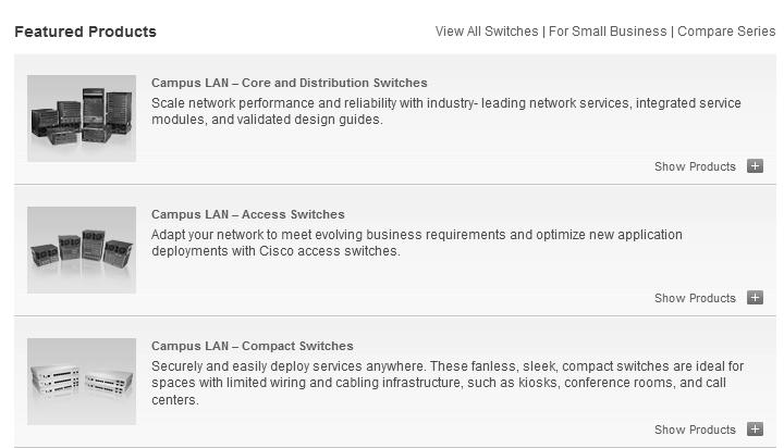 1.2.1.8 Lab Selecting Switching Hardware 3 Step 2: Explore switch products. In the Feature Products section, a list of different categories of switches is displayed.