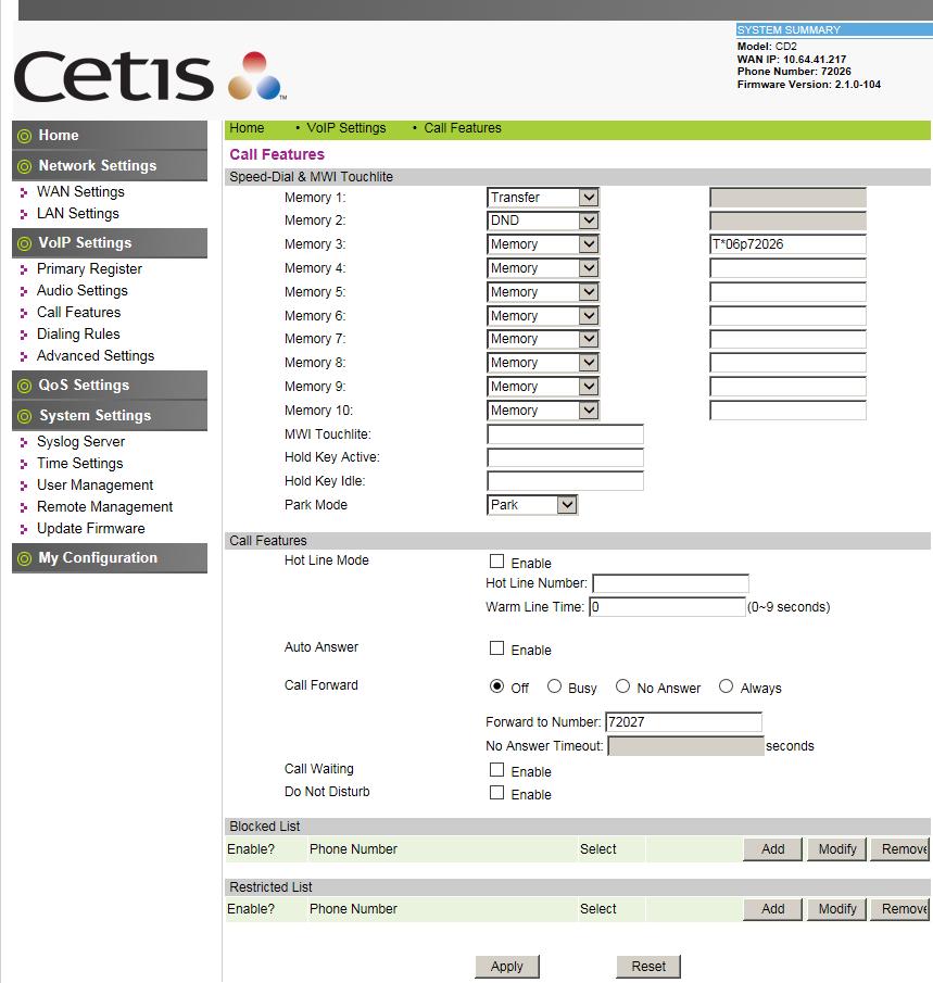 Select Call Features under the VoIP Settings section. In this page, a customer can program the memory buttons. For Cetis M203IP comes with 10 memory buttons.