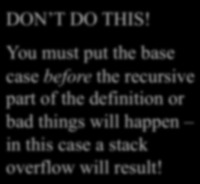 You must put the base case before the recursive part of the