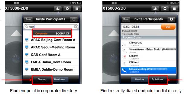 5. To choose a recently dialed endpoint: Figure 28: Finding participant to invite a. Tap By Address at the bo