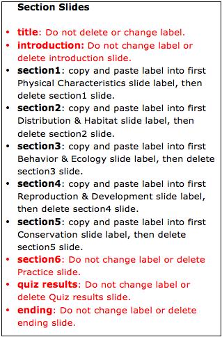3. Repeat this process for each major Section slide except the slides noted in red.