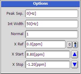 1D processor (options) If you can t see Options panel, please click on the left. Peak Sep. : The minimum value between peak and peak for peak picking.
