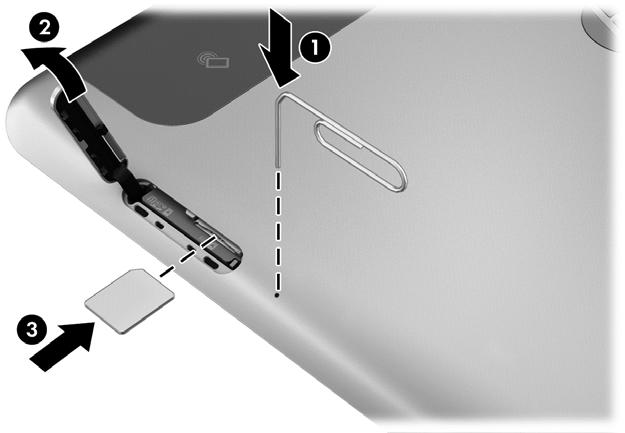 4. Insert the end of a paper clip into the Micro SIM slot access hole (1), and then open the access door (2). 5. Insert the SIM into the SIM slot (3), and then push to lock it.