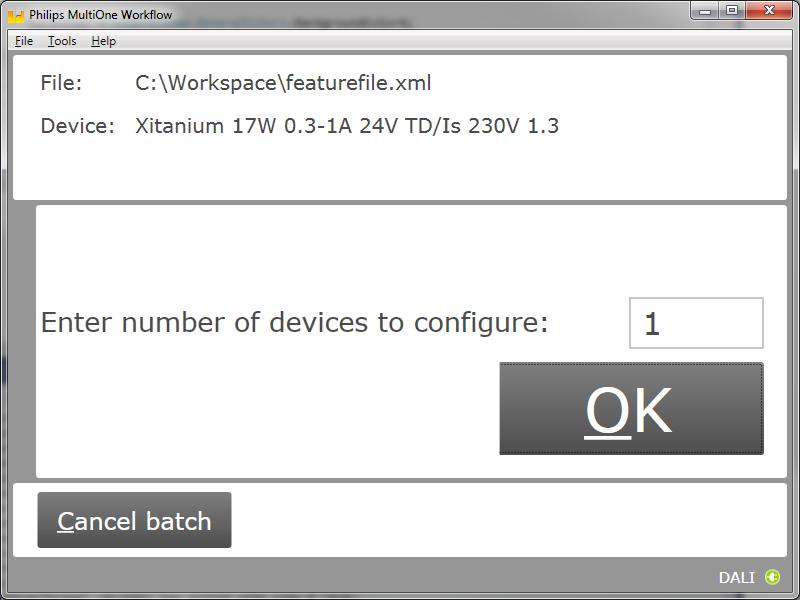 5.4 Entering the number of devices If in the preferences the configuration mode was set to Batch size, MultiOne Workflow will display a window in which the number of devices for this batch can be