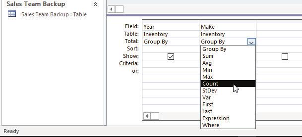 Advanced Queries 239 Aggregate function menu in Total row Figure 12-33 Aggregate function menu in Design view 15. Change to Datasheet view. Your screen should resemble Figure 12-34.