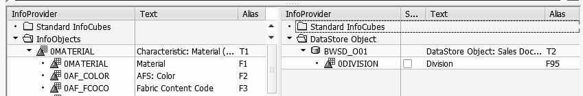Double-click on the 0AF_COLOR field of InfoProvider 0MATERIAL 4. This time, there s no matching field available in DataStore object BWSD_O01; on the right side, it s displaying No Link Possible 5.