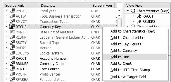2 Adding Key Figures Now let s discuss how to add key figures to an OOV. Select the BALANCE field as shown in 1 of Figure 6.85. Using the context menu, select Add to Key Figures 2.