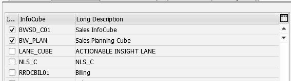 For our example, select InfoCube BWSD_C01 (Sales InfoCube) and InfoCube BW_PLAN (Sales Planning Cube) 2.