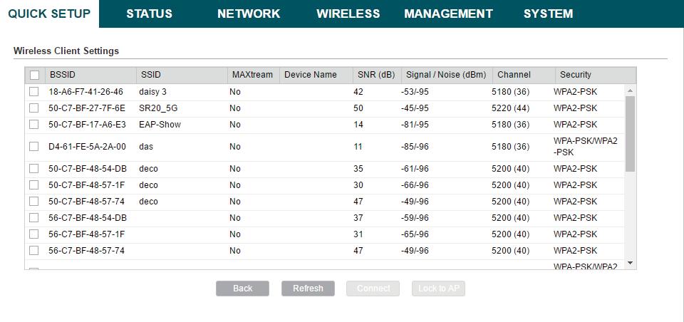 3. In the Wireless Client Settings section, click Survey to search for the upstream wireless network. 4. Select the desired wireless network and click Connect.
