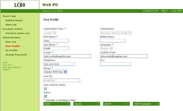 section 3 Web PO Supplier Administration edit Existing User information Step 1: From the User Profile screen, click within the particular user field box you wish to edit.