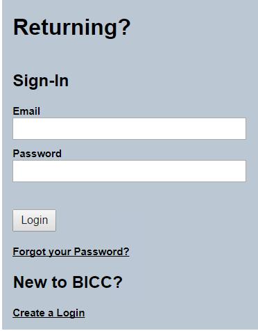 Login Answer the questions in the pop-up window C BICC accounts must be created by the applicant