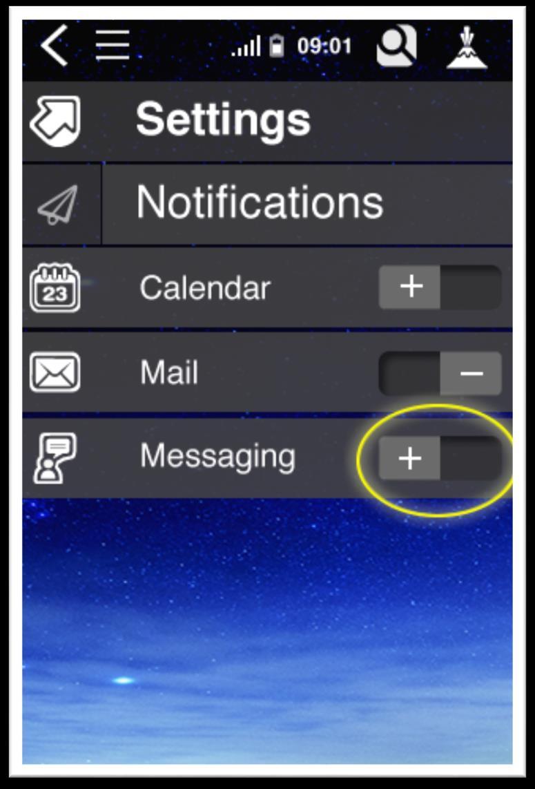 1. Push notifications You can turn push notifications on or off for mail, calendar and instant messages. To turn a notification on or off: a. Hold the on/off button and drag it to the left.