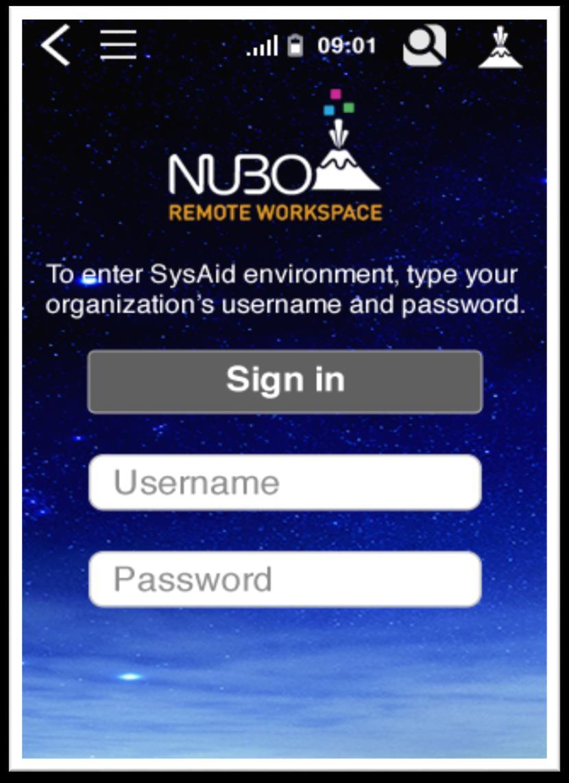 7. Once your device is activated, you can now sign into Nubo for the first time. If you are a private user please skip ahead to step 8 for passcode set up.