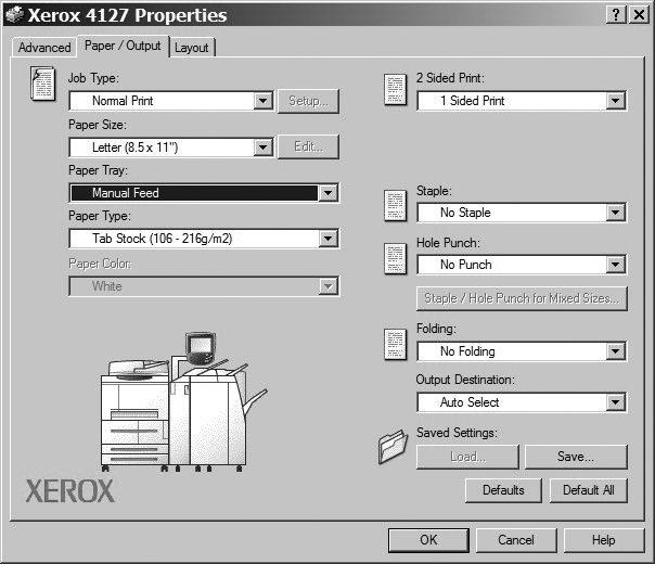 Computer operations Xerox 4112/4127 EPS 7. Select the appropriate Paper Tray, Paper Size, and Paper Type. 8. Select the Advanced tab and select any Advanced Features. 9.