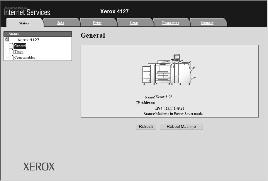 Xerox 4112/4127 EPS Computer operations CentreWare Internet Services CentreWare Internet Services requires a TCP/IP environment, and enables you to view the status of the machine and its jobs, as