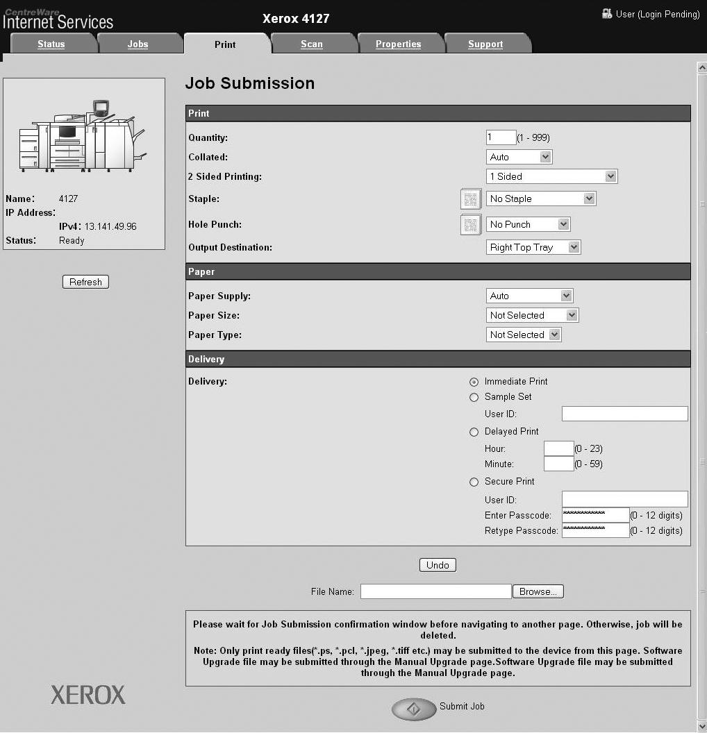 Computer operations Xerox 4112/4127 EPS 3. From the CentreWare Internet Services screen, select the Print tab. 4. Select a file to print by clicking the Browse button and navigating to the desired file.
